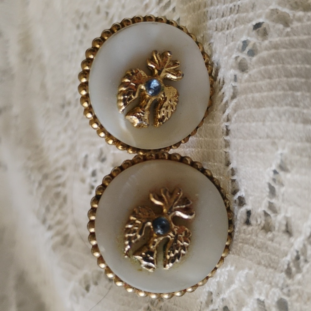 Vintage Shell and Gold tone Sctewback  Earrings with Symbolic bird Like design